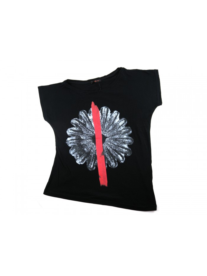 Zeusedera T-Shirt Donna Art. E18-2042 Stampa Fiore Nero