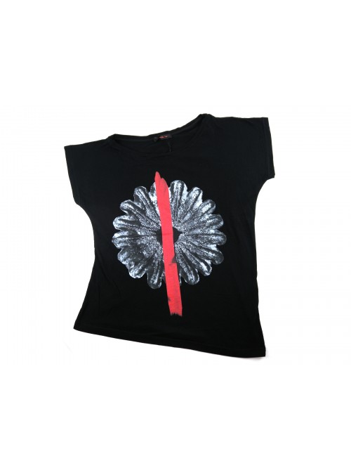 Zeusedera T-Shirt Donna Art. E18-2042 Stampa Fiore Nero
