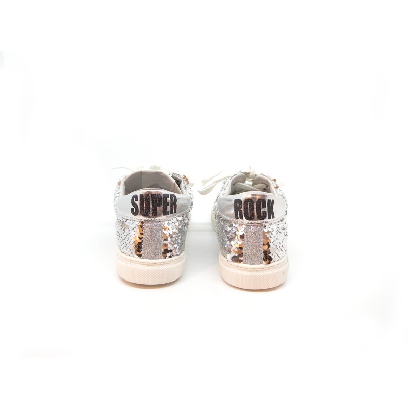 Women's shoes Sneakers with side sequins and silver glitter on round tip, rubber sole.