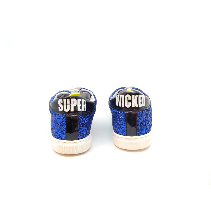 Women's shoes Glitter blue sneakers on round toe, rubber sole and white strings.