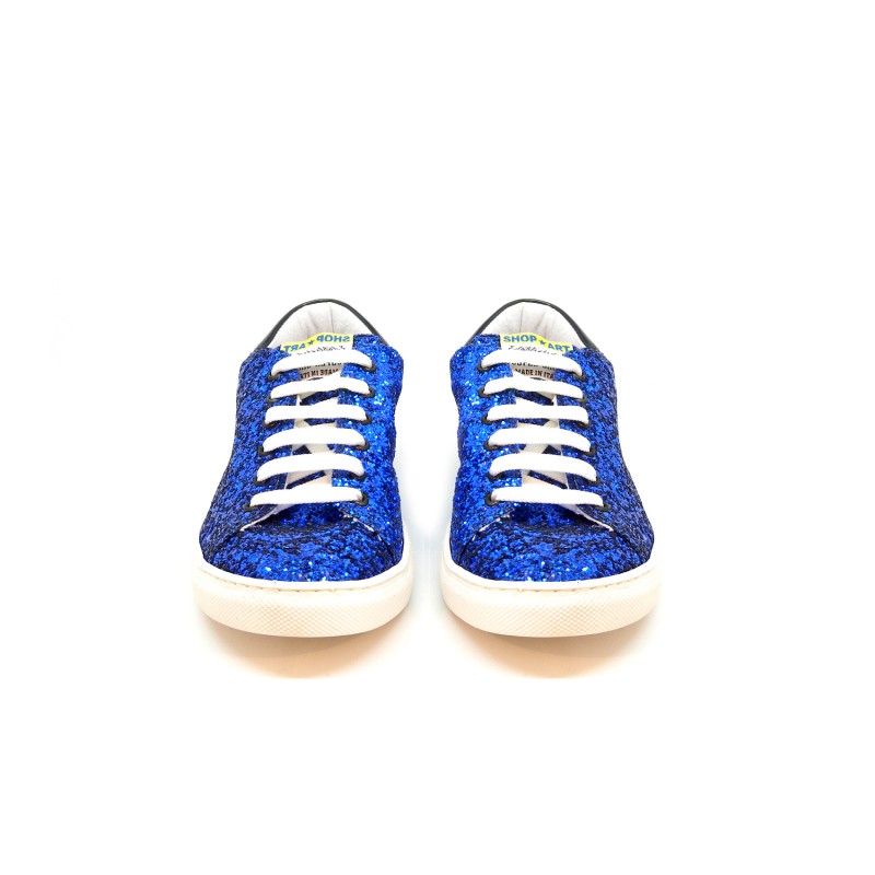 Women's shoes Glitter blue sneakers on round toe, rubber sole and white strings.