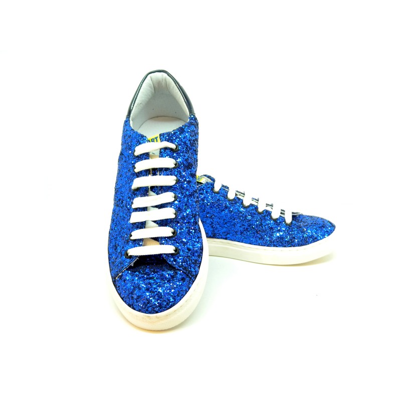 Women's shoes Glitter blue sneakers on round toe, rubber sole and white strings.