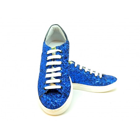 Women's shoes Glitter blue sneakers on round toe, rubber sole and white strings.