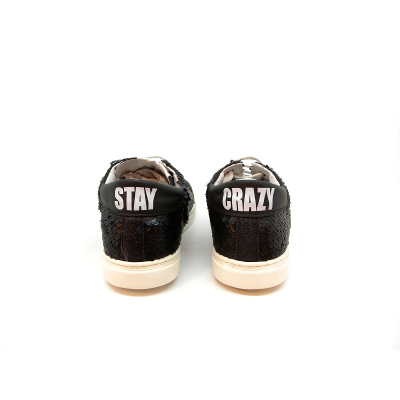 Women's shoes Sneakers with side sequins and black glitter on round tip, rubber sole.