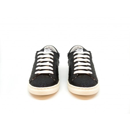 Women's shoes Sneakers with side sequins and black glitter on round tip, rubber sole.
