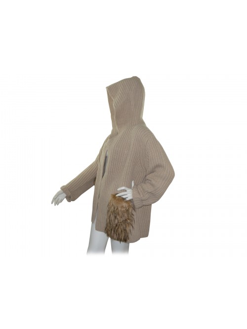 Mia Wish Maglia Donna Cardigan Aperto Cappuccio Pelliccia Beige