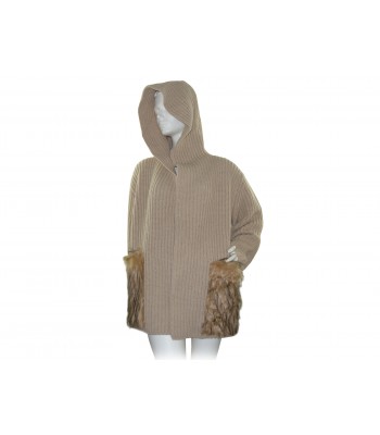 Mia Wish Sweater Woman Cardigan Open Fur Hood Beige