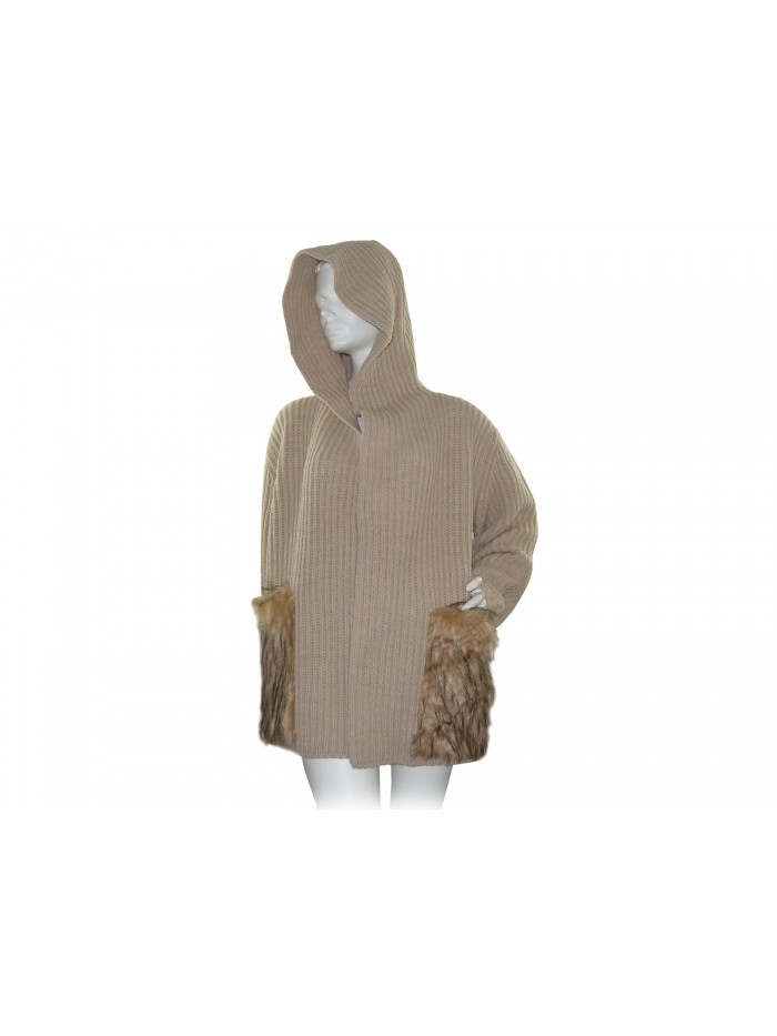 Mia Wish Sweater Woman Cardigan Open Fur Hood Beige Mia Wish Sweater Woman Cardigan Open Fur Hood Beige