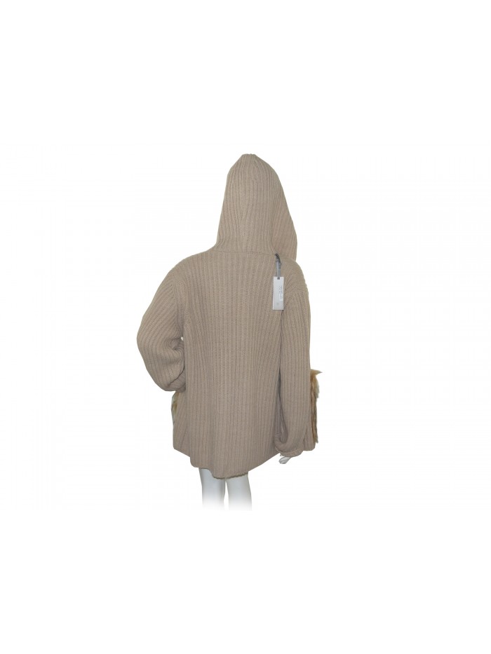 Mia Wish Sweater Woman Cardigan Open Fur Hood Beige