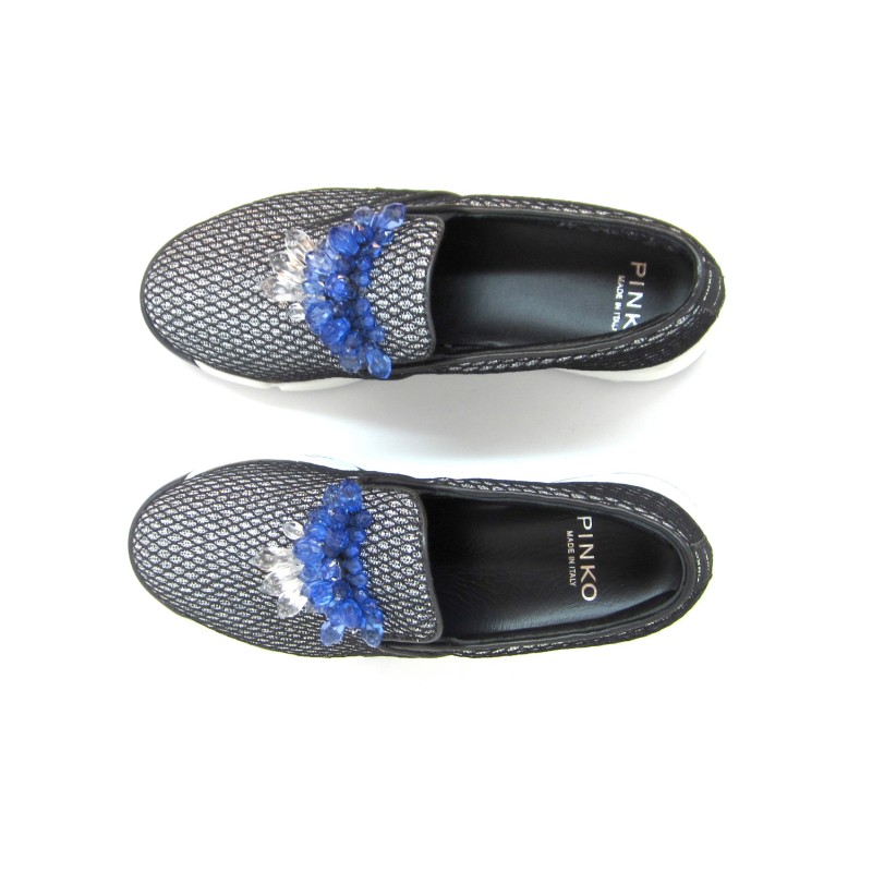 Sneakers Donna Foschia Lurex/Rete inserti in pietre Azzurro/Bianco, suola in gomma comode e casual.