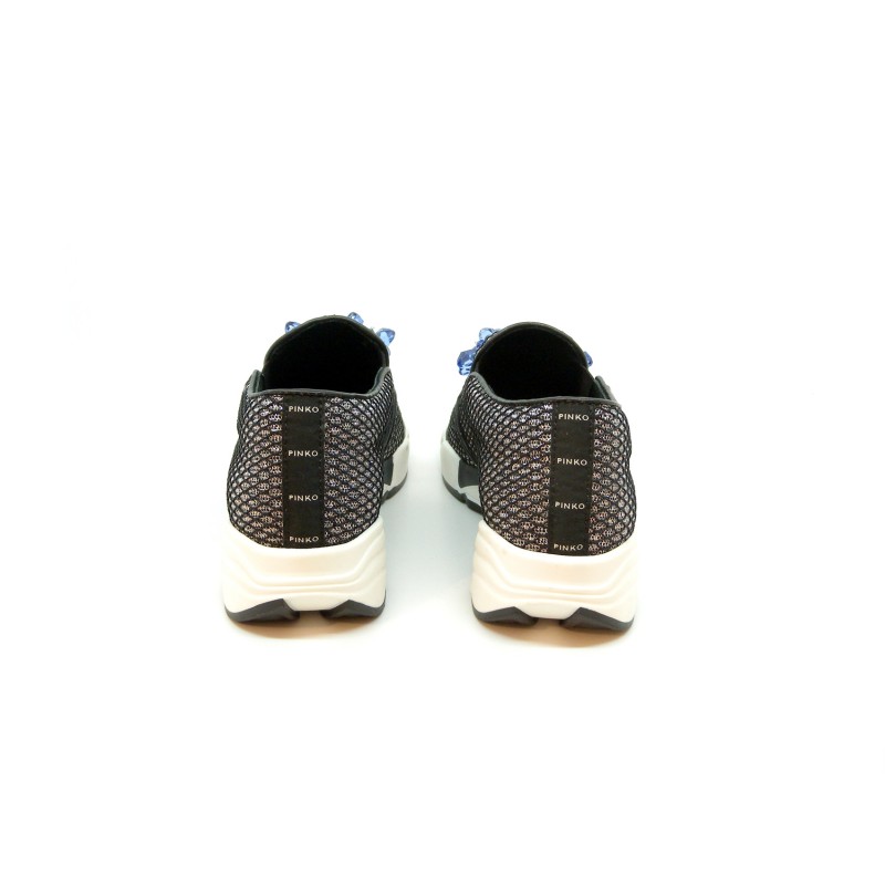 Sneakers Donna Foschia Lurex/Rete inserti in pietre Azzurro/Bianco, suola in gomma comode e casual.