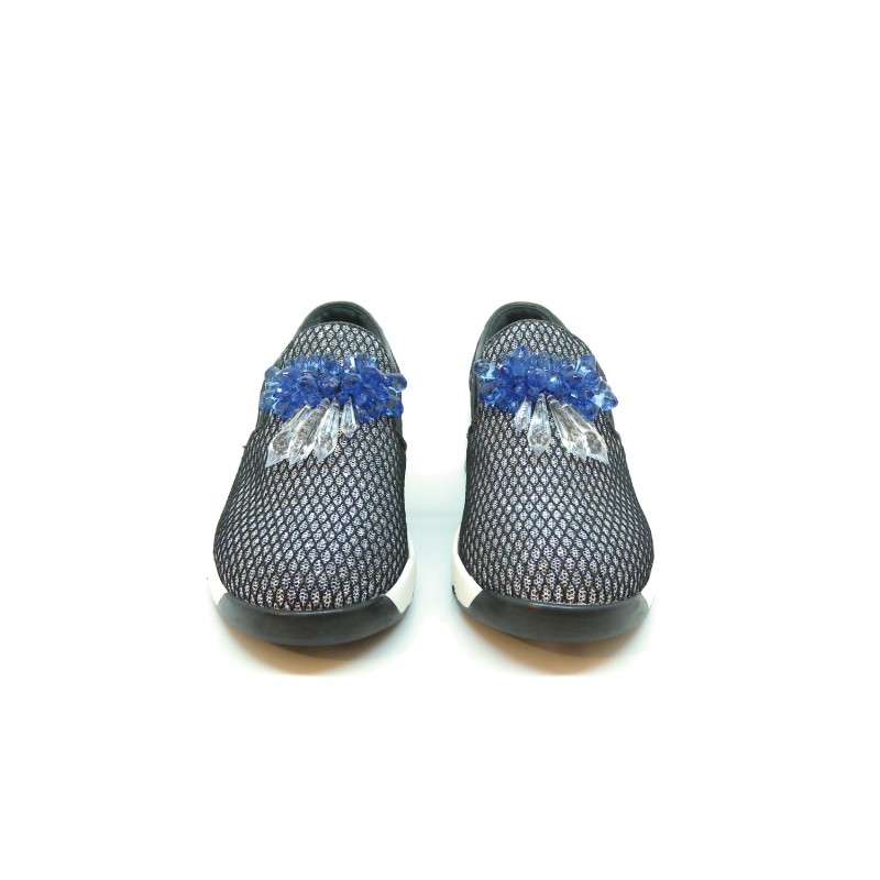 Sneakers Donna Foschia Lurex/Rete inserti in pietre Azzurro/Bianco, suola in gomma comode e casual.