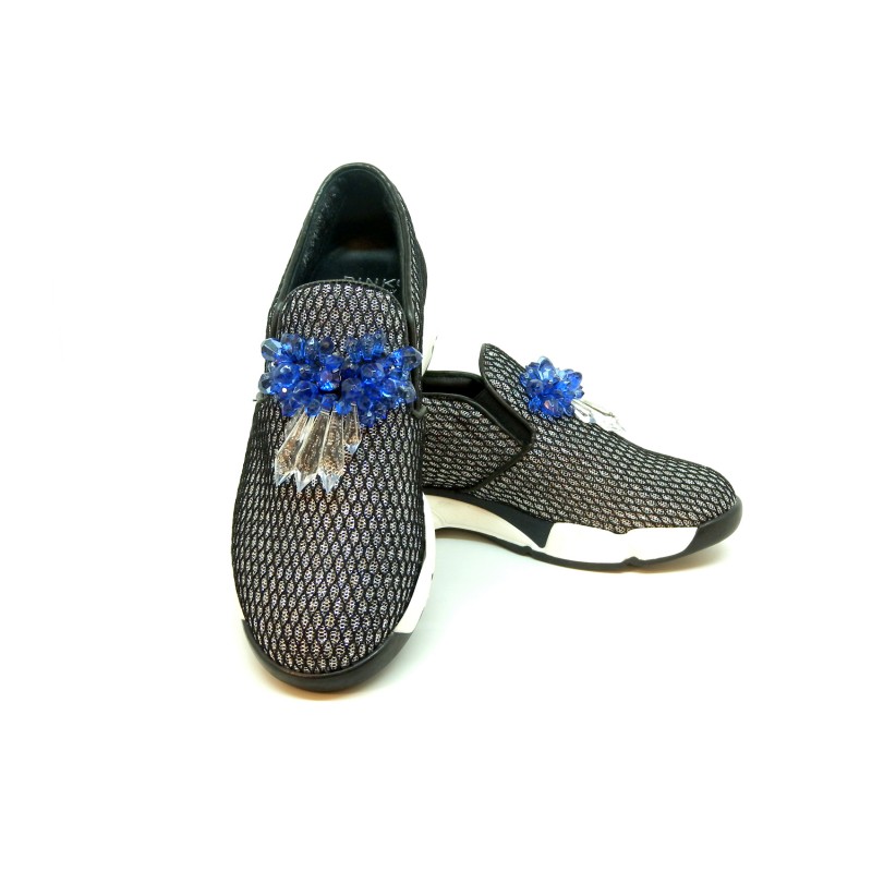 Sneakers Donna Foschia Lurex/Rete inserti in pietre Azzurro/Bianco, suola in gomma comode e casual.