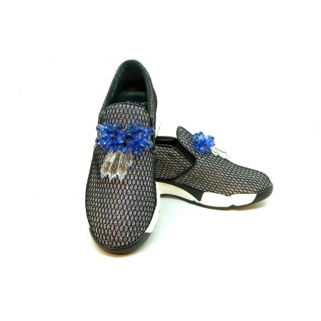 Sneakers Donna Foschia Lurex/Rete inserti in pietre Azzurro/Bianco, suola in gomma comode e casual.