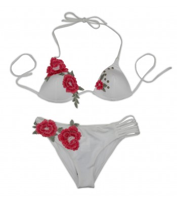 District Margherita Mazzei Costume Da Bagno Donna Bikini Triangolo Ricamo Rose Bianco