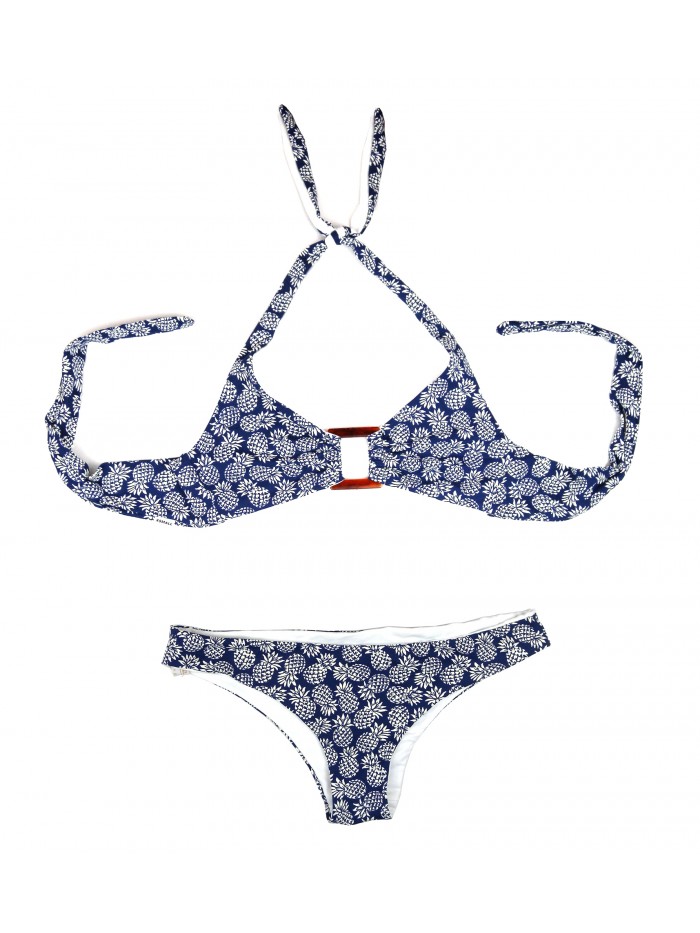 Delfina Swimwear Costume Da Bagno Donna Bikini Triangolo Ananas Bicolore Blu Bianco