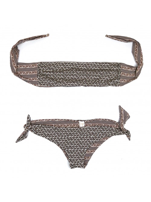 Delfina Swimwear Women's Swimsuit Bikini Two-tone Micro-Pattern Band Brown / Cream Delfina Swimwear Women's Swimsuit Bikini Two-tone Micro-Pattern Band Brown / Cream