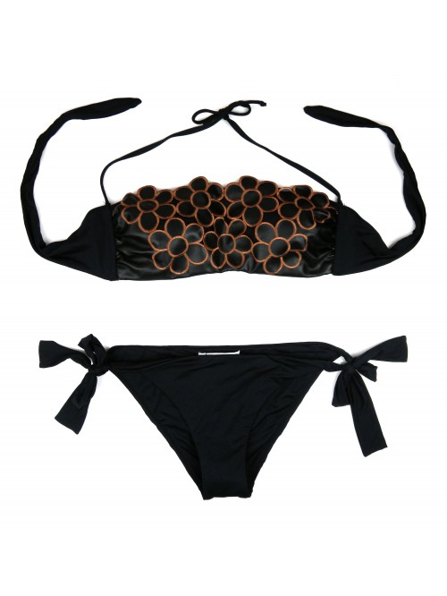 Raffaela D’Angelo Women's Swimsuit Bikini Floral Band Faux Leather Insert Black