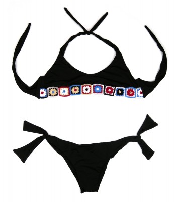 Nude Costume Da Bagno Donna Bikini Triangolo Inserti Uncinetto Nero