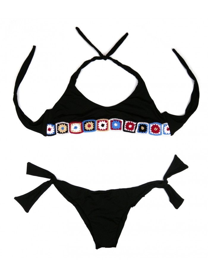 Nude Costume Da Bagno Donna Bikini Triangolo Inserti Uncinetto Nero Nude Costume Da Bagno Donna Bikini Triangolo Inserti Uncinetto Nero