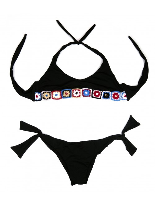 Nude Costume Da Bagno Donna Bikini Triangolo Inserti Uncinetto Nero Nude Costume Da Bagno Donna Bikini Triangolo Inserti Uncinetto Nero