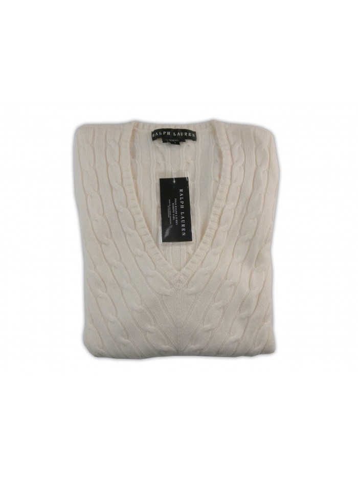 Ralph Lauren Black Label Sweater Woman Mited V-Neck Cable Cream