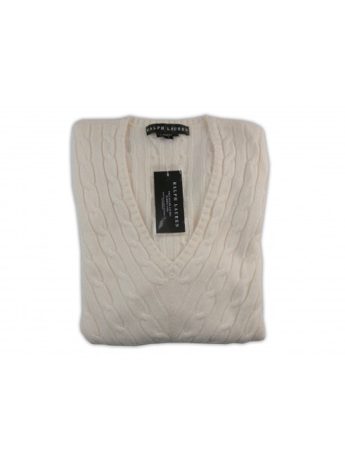 Ralph Lauren Black Label Sweater Woman Mited V-Neck Cable Cream