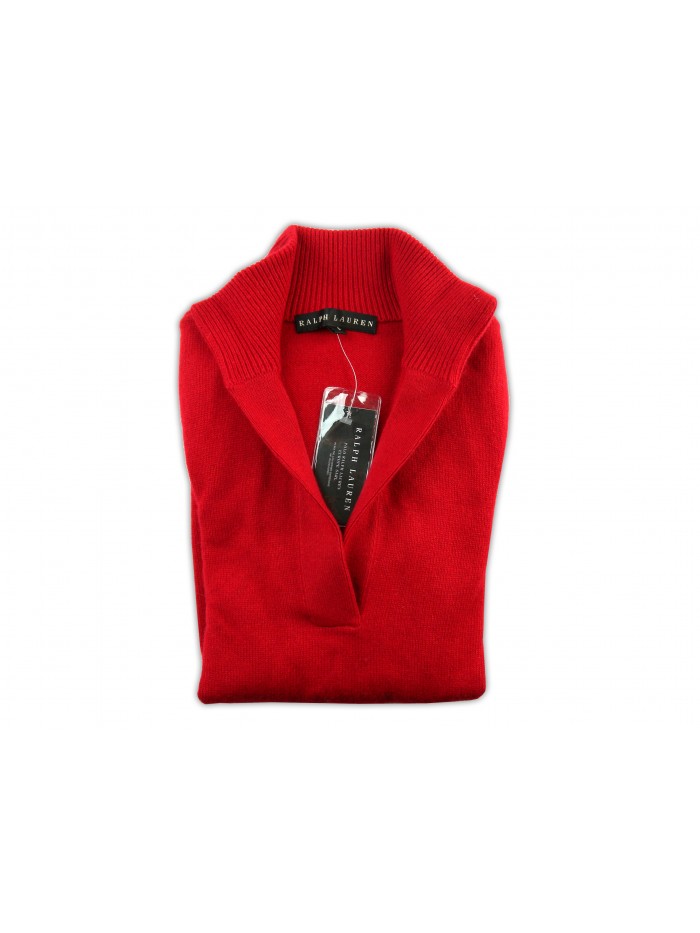 Ralph Lauren Black Label Sweater Woman High Neck Slit Front Top Red