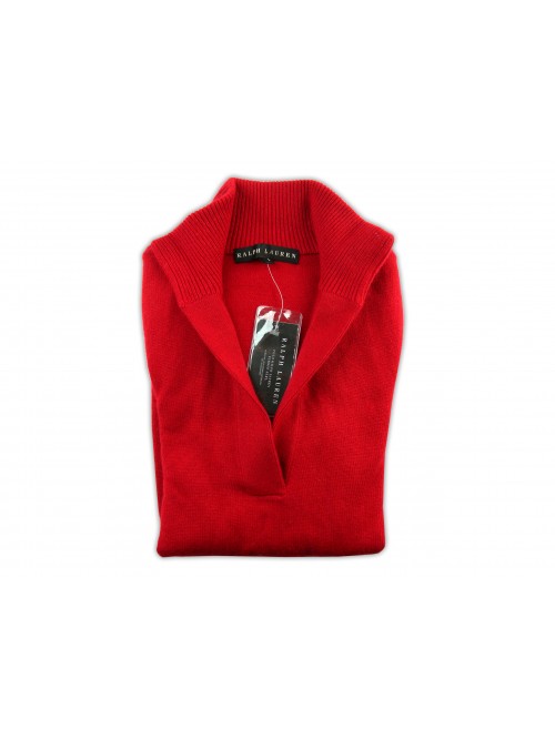 Ralph Lauren Black Label Sweater Woman High Neck Slit Front Top Red