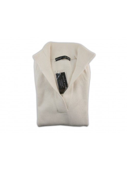 Ralph Lauren Black Label Maglia Donna High Neck Slit Front Top Panna