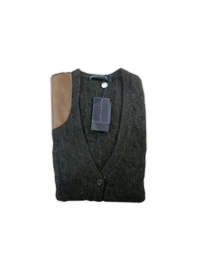 Ralph Lauren Cardigan Woman Braids Patch Leather Anthracite