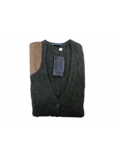 Ralph Lauren Cardigan Woman Braids Patch Leather Anthracite