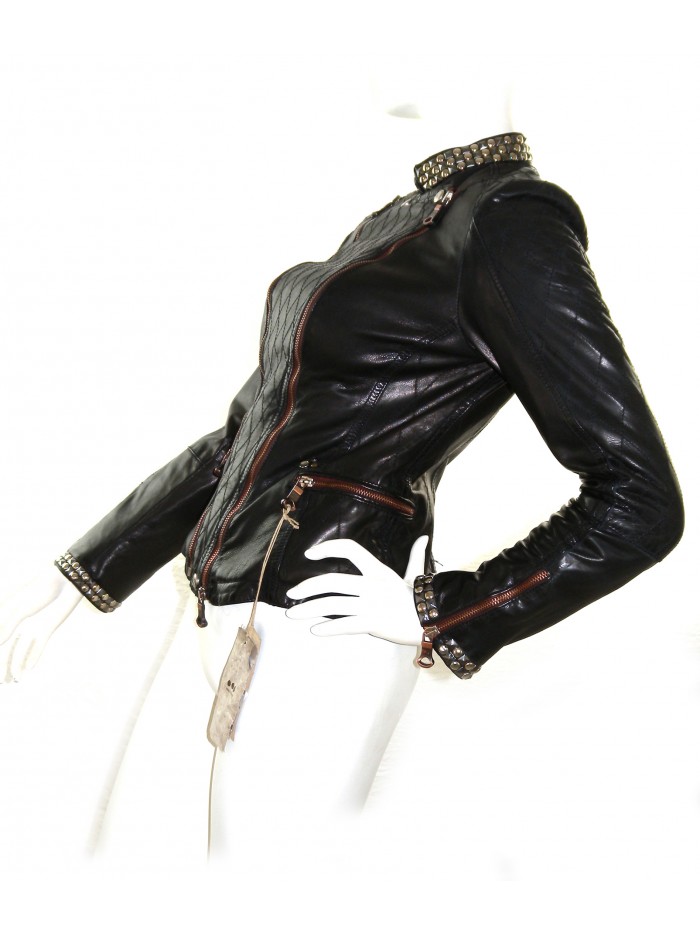Delan Woman Leather Jacket Nail Biker Dark Brown