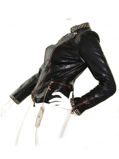 Delan Woman Leather Jacket Nail Biker Dark Brown