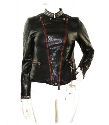 Delan Woman Leather Jacket Nail Biker Dark Brown