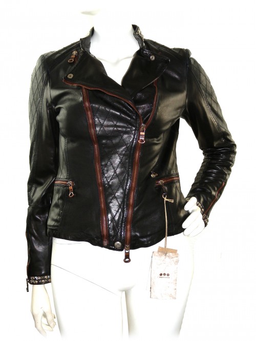 Delan Woman Leather Jacket Nail Biker Dark Brown