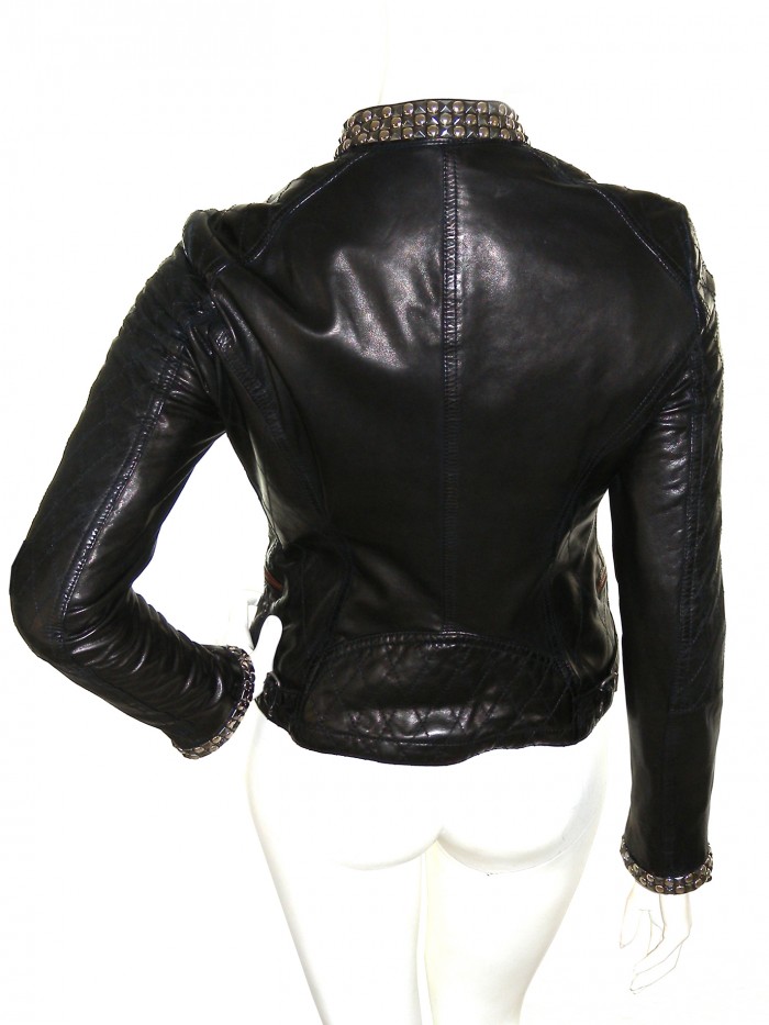 Delan Woman Leather Jacket Nail Biker Dark Brown