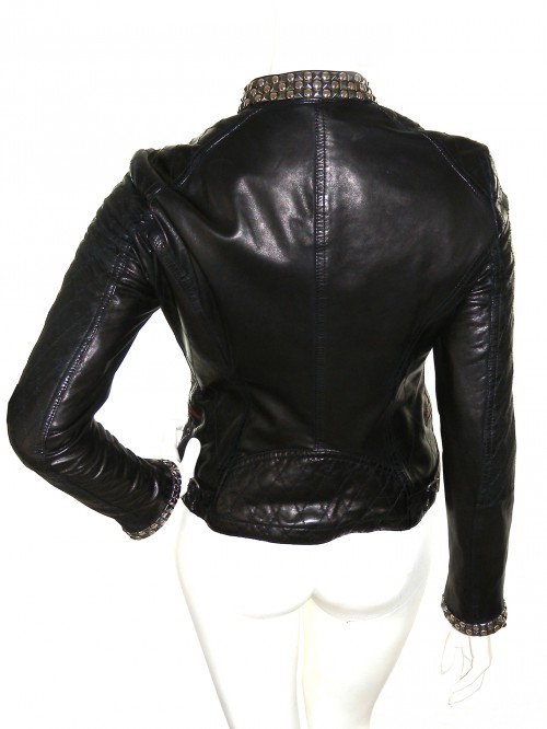 Delan Woman Leather Jacket Nail Biker Dark Brown