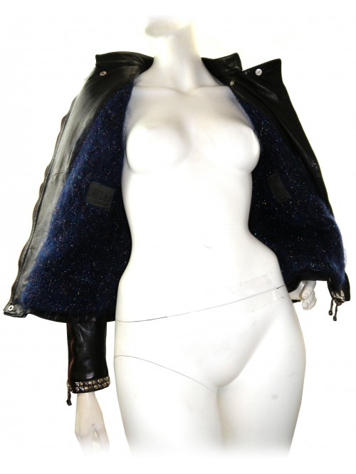 Delan Woman Leather Jacket Nail Biker Dark Brown