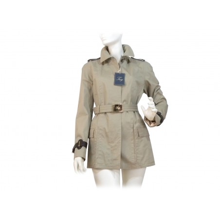 Women's long jacket with 2 waisted belt pockets with gold buckle and sleeves finishes with leather straps. Women's long jacket with 2 waisted belt pockets with gold buckle and sleeves finishes with leather straps.