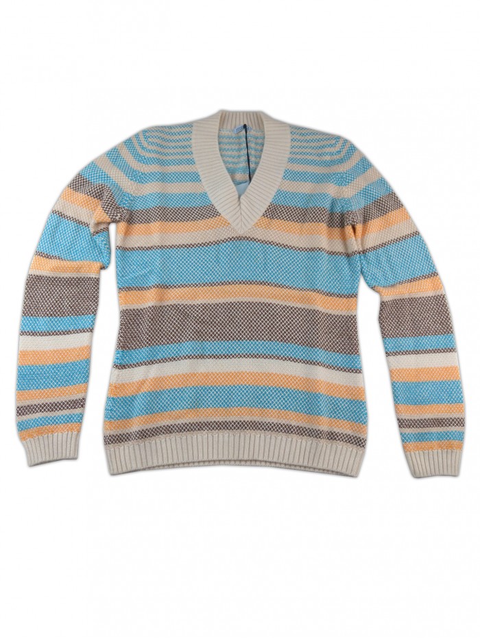 Malo Sweater Woman V-Neck Multicolor Turquoise Bands Malo Sweater Woman V-Neck Multicolor Turquoise Bands
