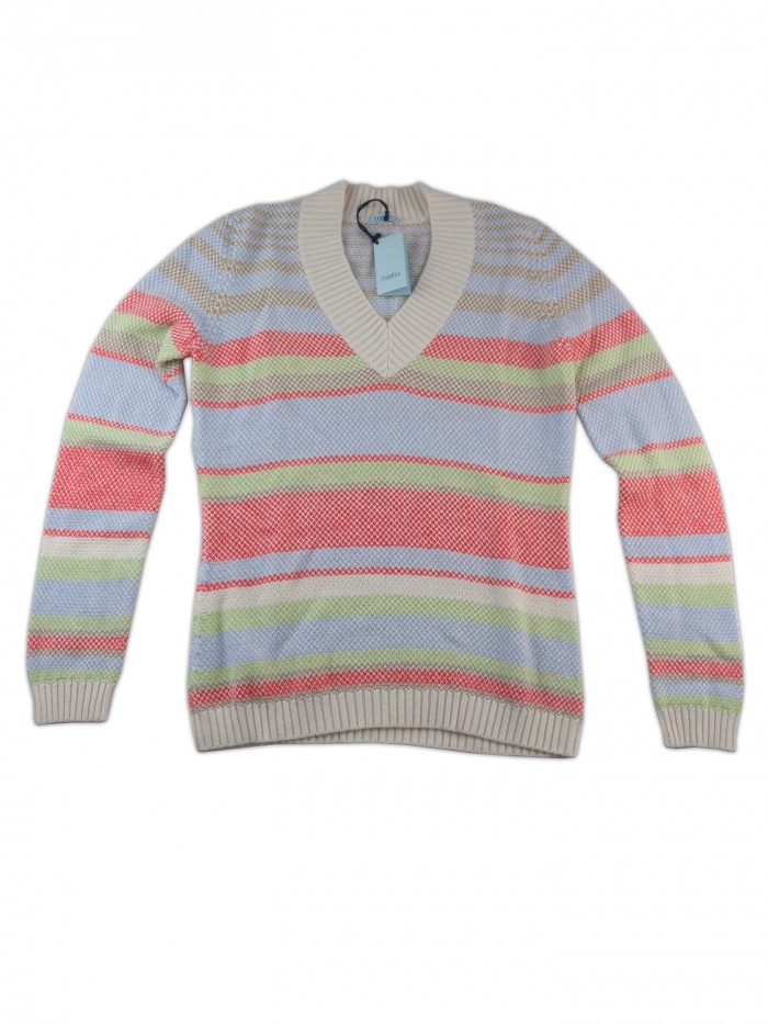 Malo Women's V-Neck Sweater Multicolor Orange Bands Malo Women's V-Neck Sweater Multicolor Orange Bands