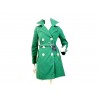 Women's trench coat with double-breasted knee length, contrasting with wide buttons.