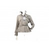 Short women's jacket with concealed buttons thin waist belt and front bow decoration.