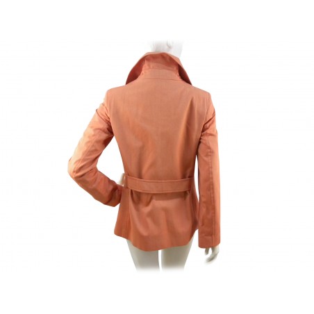 Double breasted women's jacket with back belt.