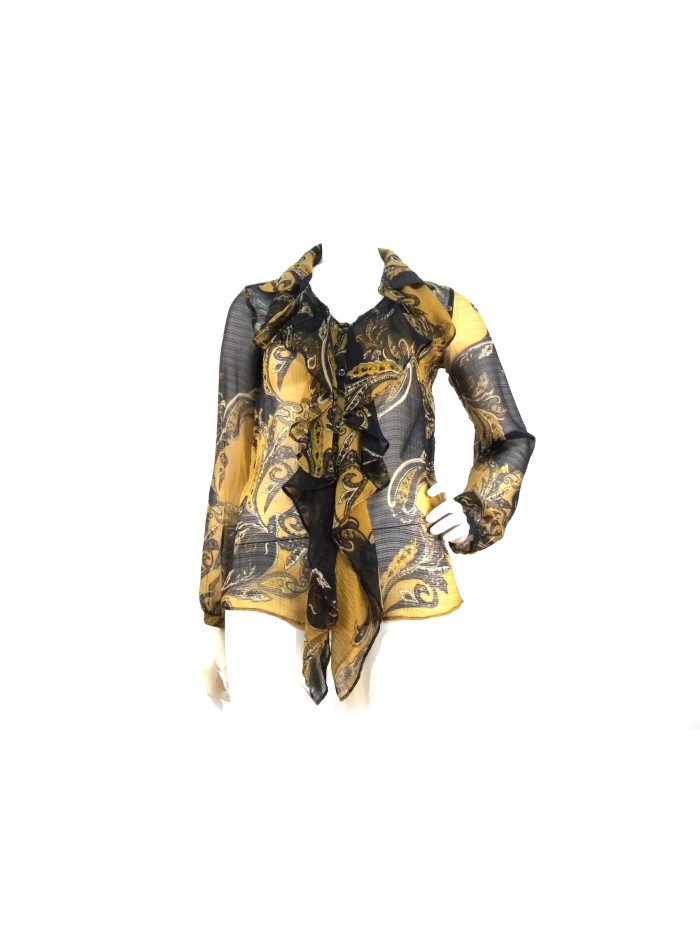 Camicia Donna con fantasia floreale asimmetrica e volant petto. Camicia Donna con fantasia floreale asimmetrica e volant petto.