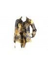 Woman shirt with asymmetrical floral pattern and chest ruffles.