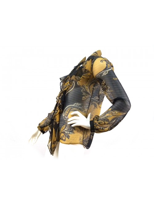 Camicia Donna con fantasia floreale asimmetrica e volant petto.