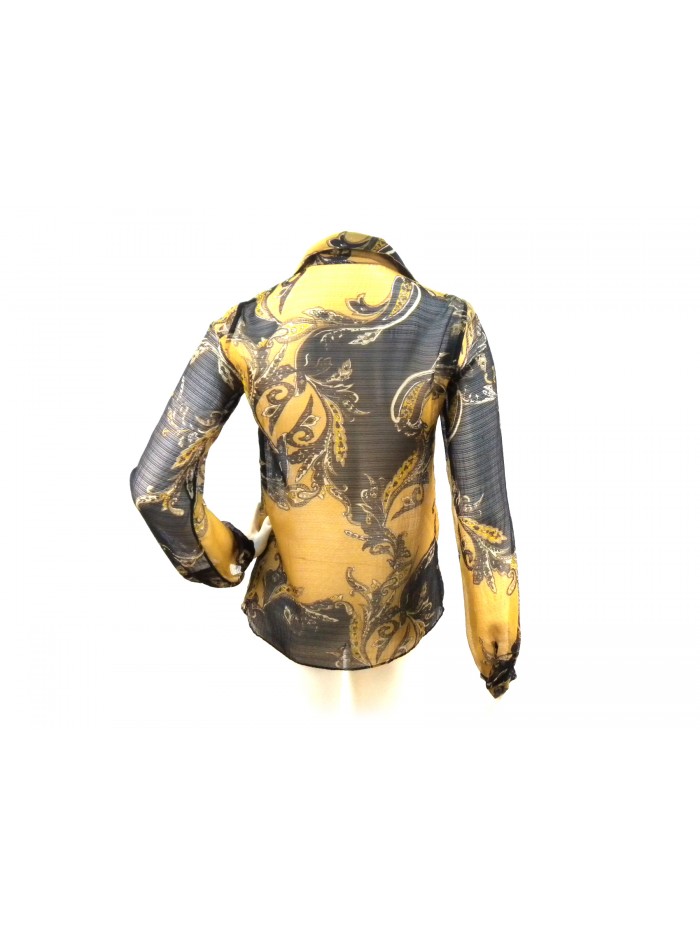 Camicia Donna con fantasia floreale asimmetrica e volant petto.