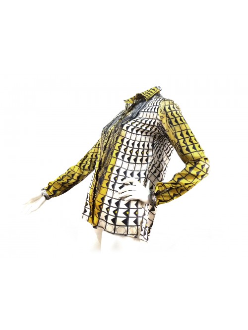 Camicia Donna con fantasia geometrica simmetrica e bottoni a scomparsa